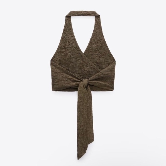 Zara crinkled textured dark olive green halter neck tie wrap top - Picture 4 of 11